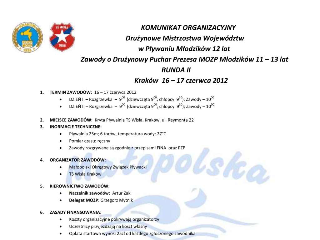 Drużynowe Mistrzostwa Młodzików 12 lat Zawody o Drużynowy Puchar Prezesa MOZP 11 - 13 lat