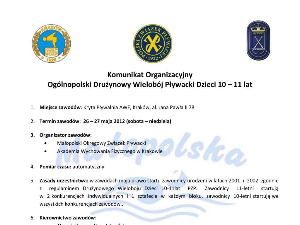 Drużynowy Wielobój pływacki 10 - 11 lat