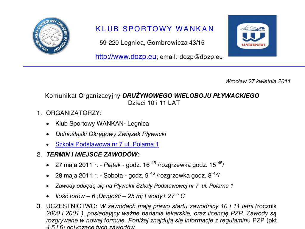 Drużynowy Wielobój Pływacki dzieci 10-11 lat