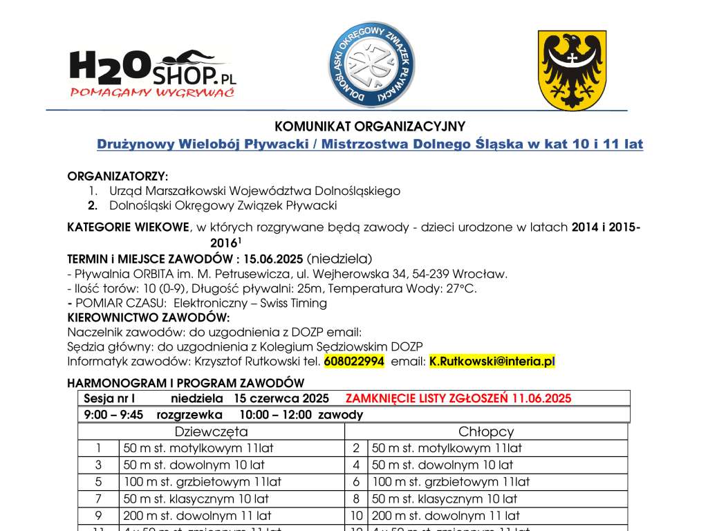Drużynowy Wielobój Pływacki  Mistrzostwa Dolnego Śląska w kat 10 i 11 lat