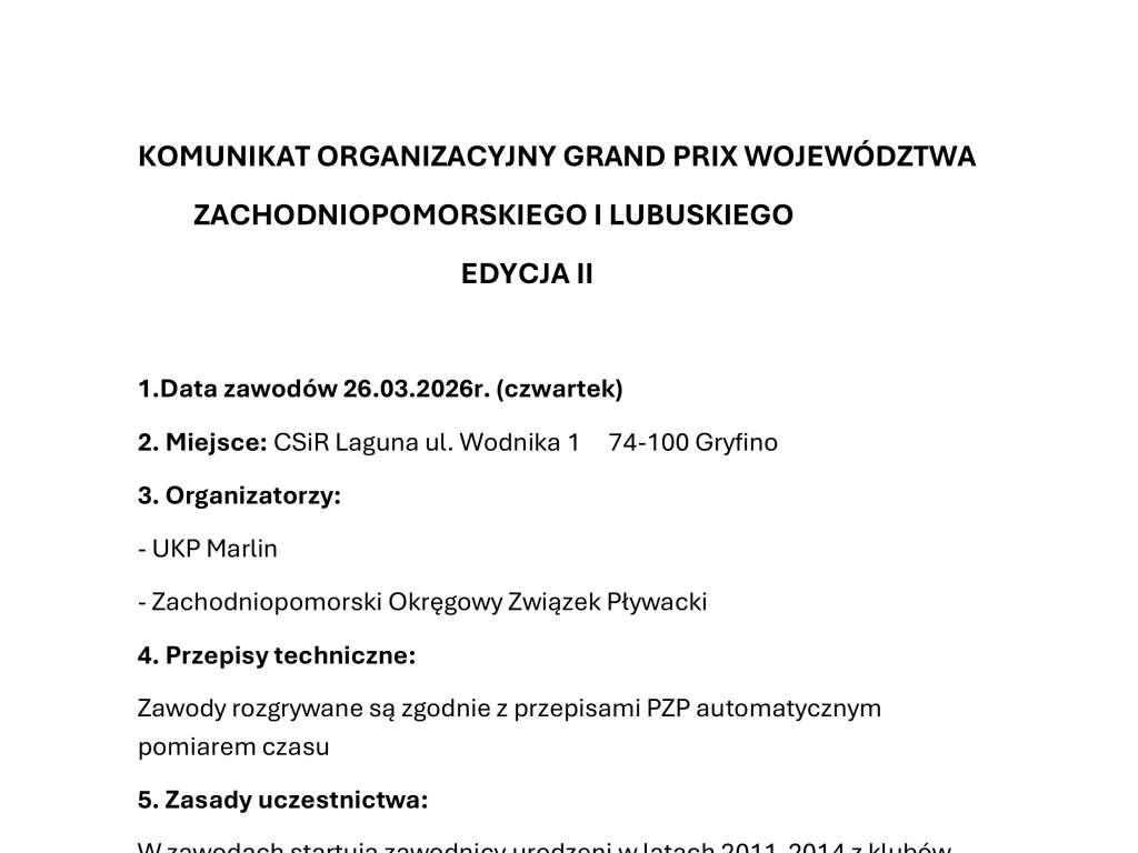 Grand Prix Województw Zachodniopomorskiego i Lubuskiego w pływaniu II runda