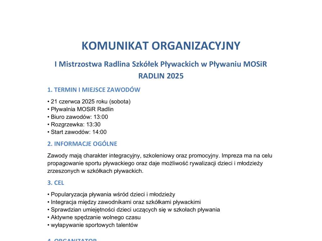 I Mistrzostwa Radlina Szkółek Pływackich w Pływaniu MOSiR