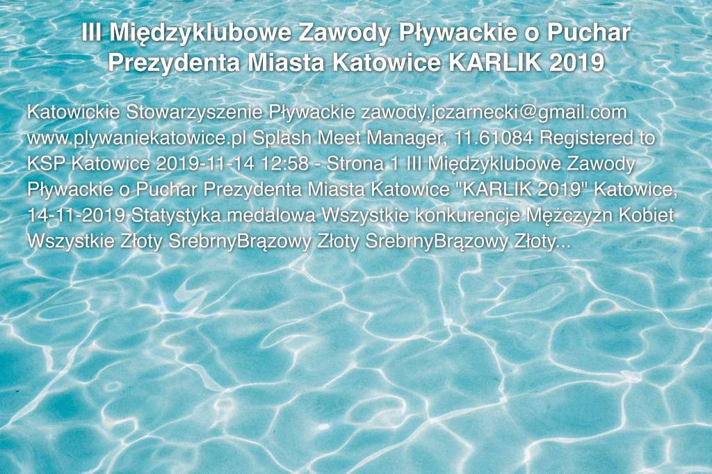 III Międzyklubowe Zawody Pływackie o Puchar Prezydenta Miasta Katowice KARLIK 2019