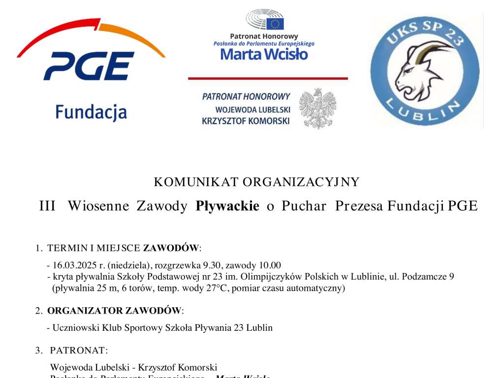 III Wiosenne Zawody Pływackie o Puchar Prezesa Fundacji PGE