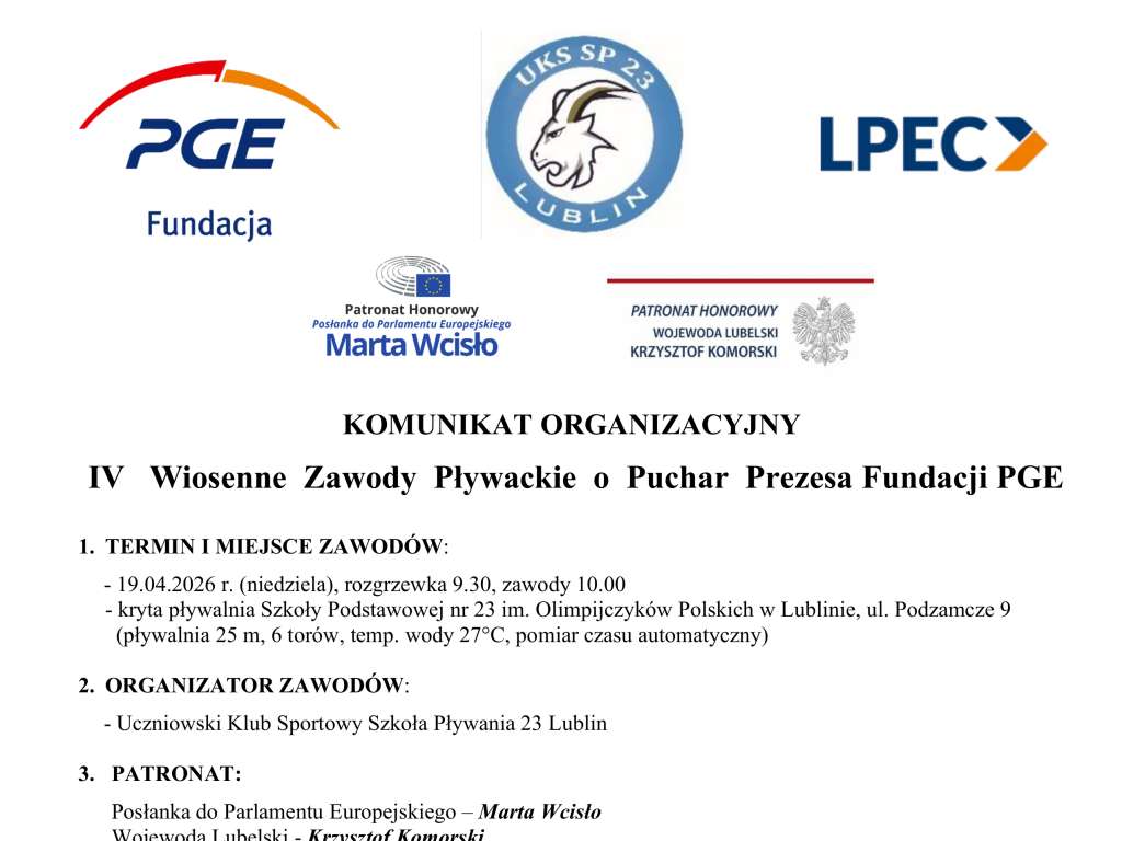 IV Wiosenne Zawody Pływackie o Puchar Prezesa Fundacji PGE
