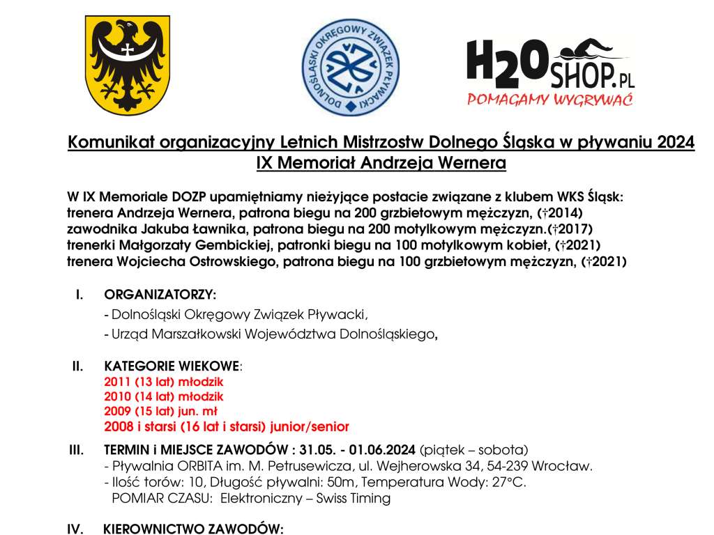 Letnie Mistrzostwa Dolnego Śląska w pływaniu 2024 IX Memoriał Andrzeja Wernera