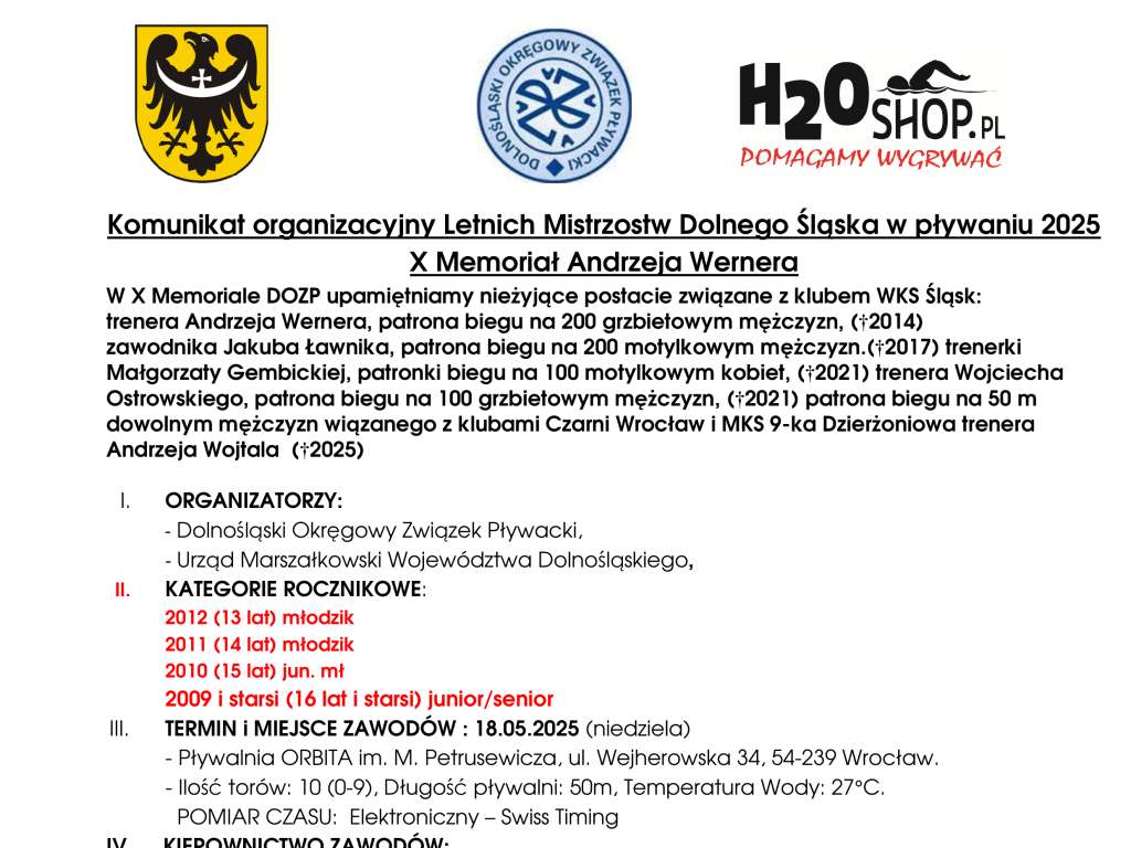 Letnie Mistrzostwa Dolnego Śląska w pływaniu 2025  X Memoriał Andrzeja Wernera