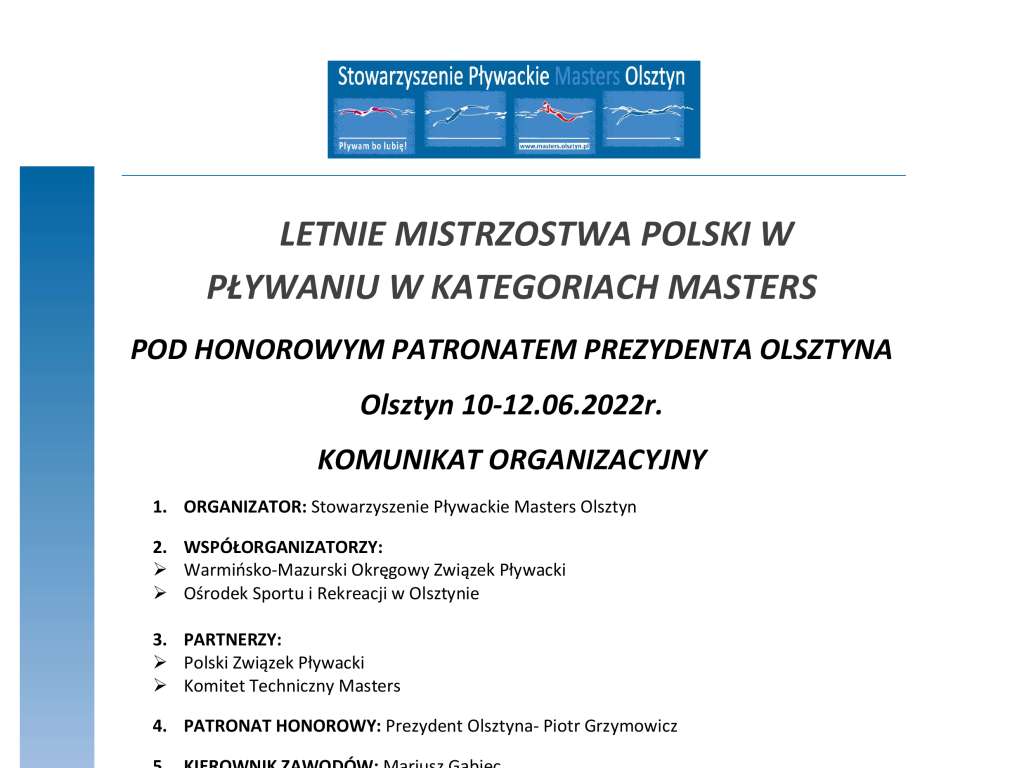 Letnie Mistrzostwa Polski w pływaniu w kategoriach Masters pod honorowym patronatem Prezydenta Olsztyna