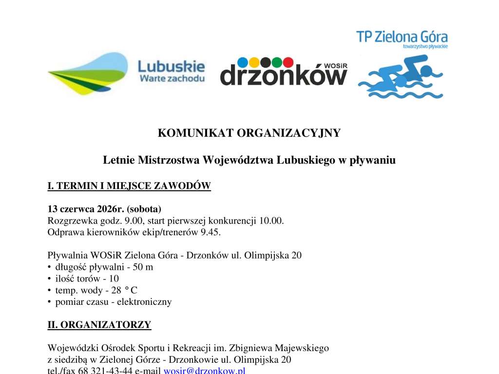 Letnie Mistrzostwa Województwa Lubuskiego w pływaniu Drzonków 2026