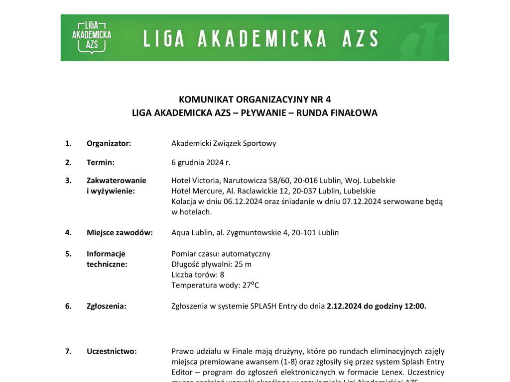 Liga akademicka AZS w pływaniu - FINAŁ