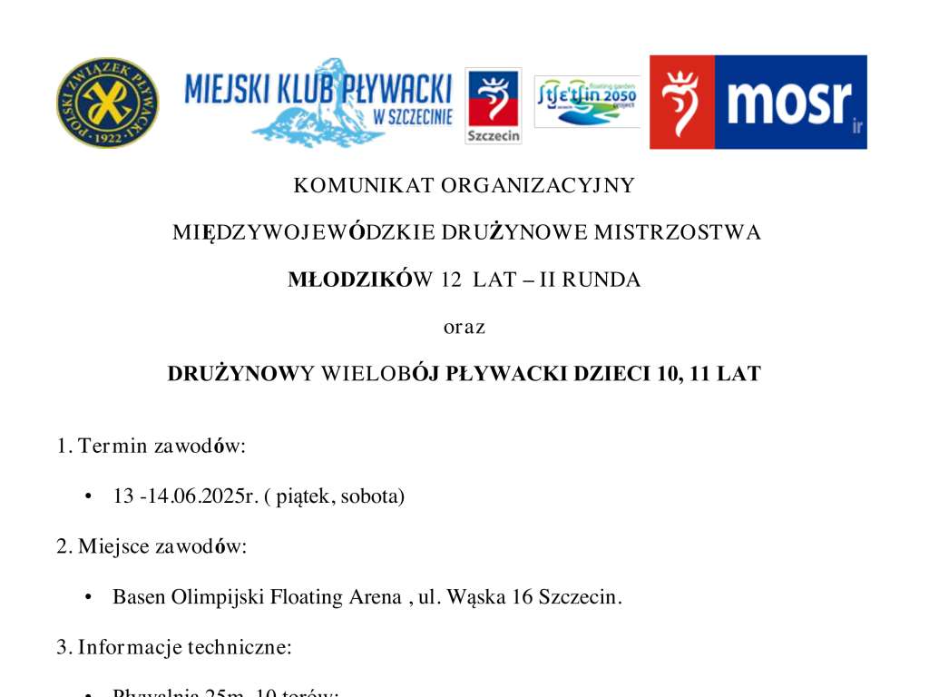 Międzywojewódzkie Drużynowe Mistrzostwa Młodzików 12 lat - II runda Drużynowy Wielobój Pływacki Dzieci 10 i 11 lat
