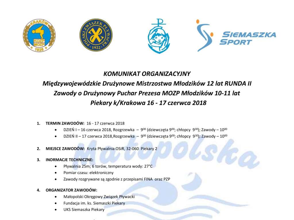 Międzywojewódzkie Drużynowe Mistrzostwa Młodzików 12 lat RUNDA II Zawody o Drużynowy Puchar Prezesa MOZP Dzieci 10-11 lat