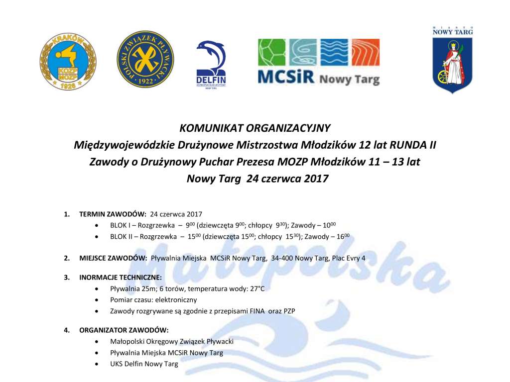 Międzywojewódzkie Drużynowe Mistrzostwa Młodzików 12 lat RUNDA II  Zawody o Drużynowy Puchar Prezesa MOZP Młodzików 11 – 13 lat