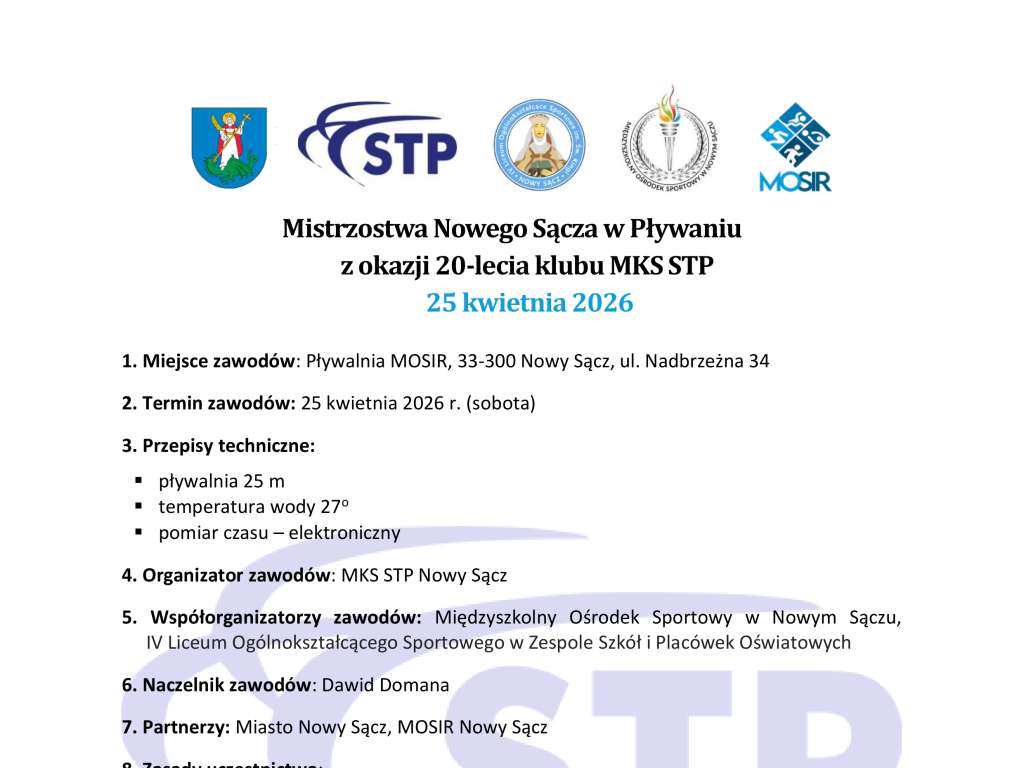 Mistrzostwa Nowego Sącza w Pływaniu z okazji 20-lecia klubu MKS STP Nowy Sącz
