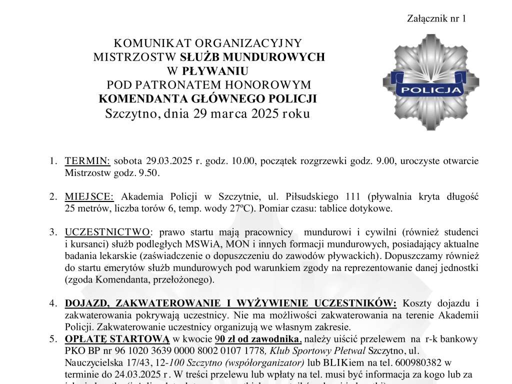 Mistrzostwa Służb Mundurowych w pływaniu pod patronatem honorowym Komendanta Głównego Policji