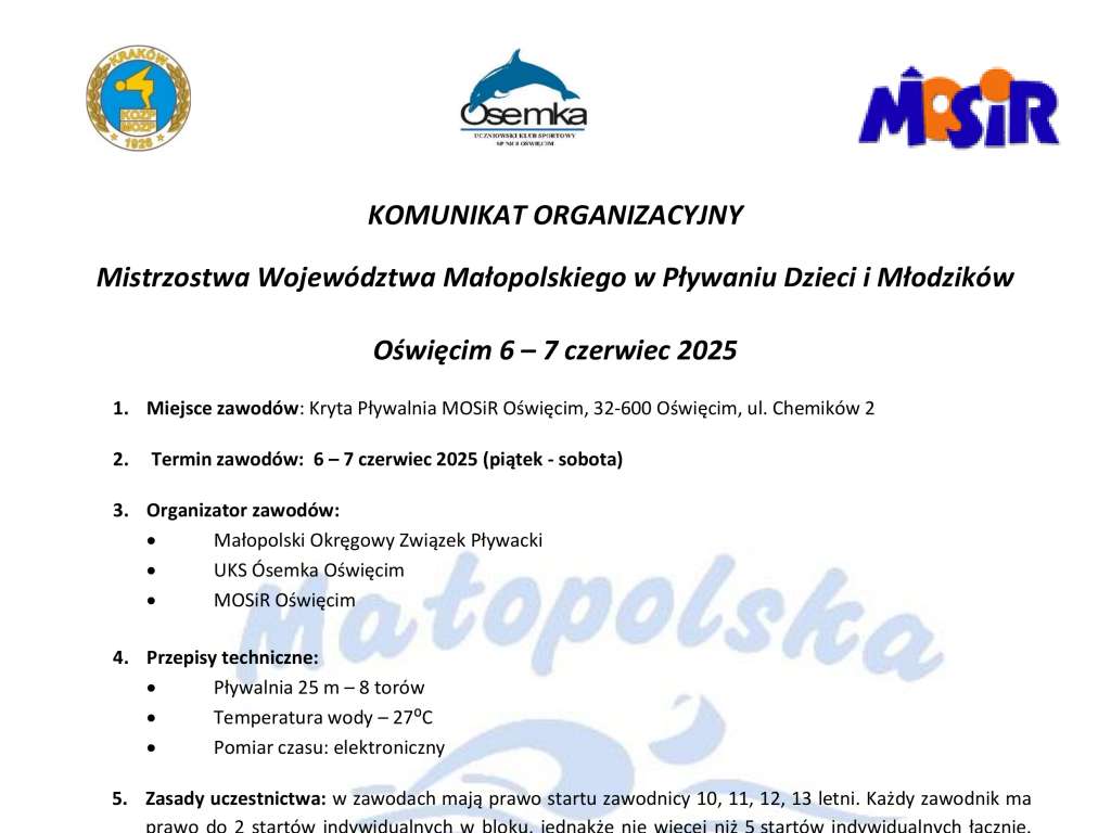 Mistrzostwa Województwa Małopolskiego w Pływaniu Dzieci i Młodzików