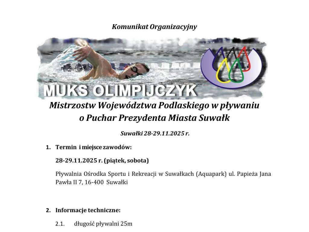 Mistrzostwa Województwa Podlaskiego w pływaniu o Puchar Prezydenta Miasta Suwałki