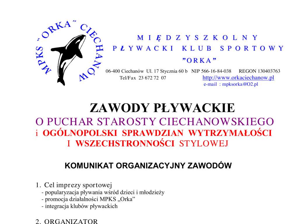 Ogólnopolski Sprawdzian Wytrzymałości i Wszechstronności Stylowej Zawody Pływackie o Puchar Starosty Ciechanowskiego