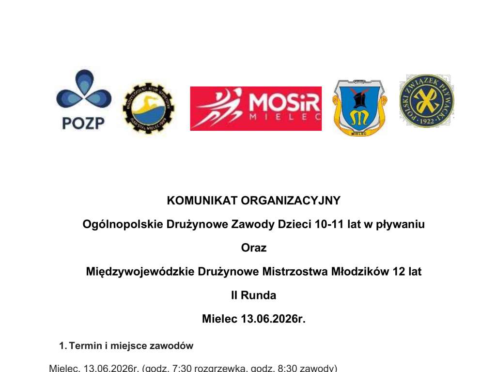 Ogólnopolskie Drużynowe Zawody Dzieci 10-11 lat w pływaniu oraz Międzywojewódzkie Drużynowe Mistrzostwa Młodzików 12 lat - II runda