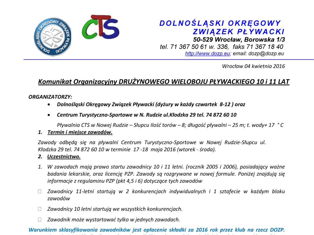 Ogólnopolskie Drużynowe Zawody Dzieci 10 i 11 lat w pływaniu