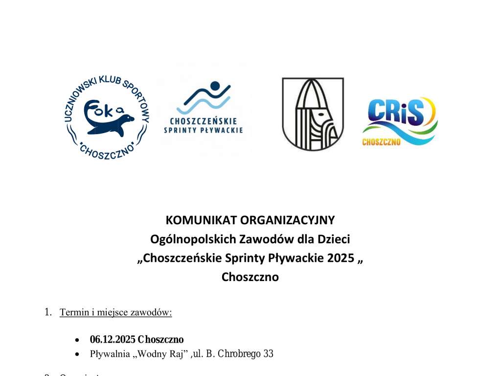 Ogólnopolskie Zawody dla Dzieci Choszczeńskie Sprinty Pływackie 2025