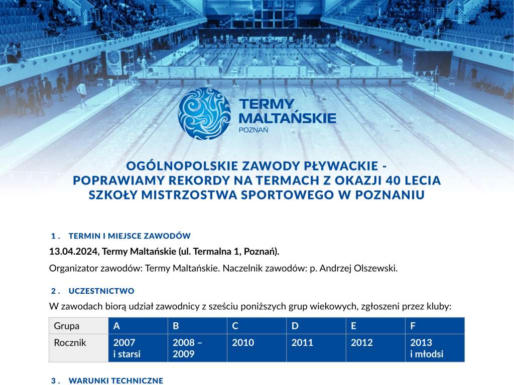 Ogólnopolskie Zawody Pływackie Poprawiamy Rekordy na Termach z okazji 40 lecia Szkoły Mistrzostwa Sportowego w Poznaniu