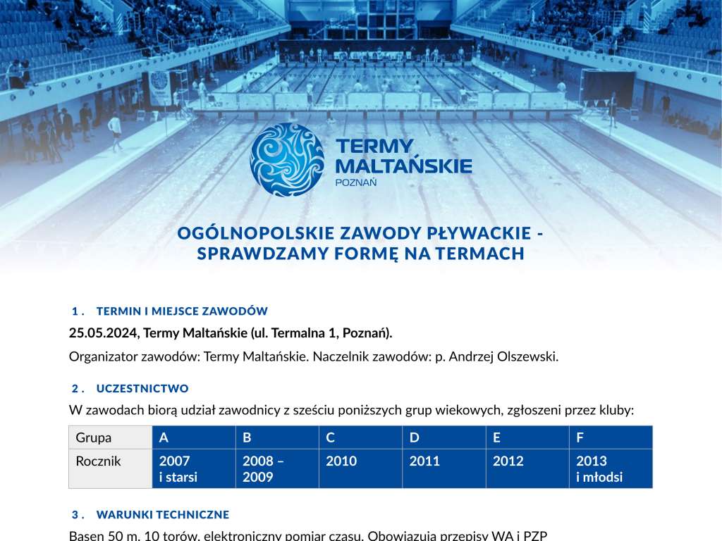 Ogólnopolskie Zawody Pływackie - Sprawdzamy Formę na Termach