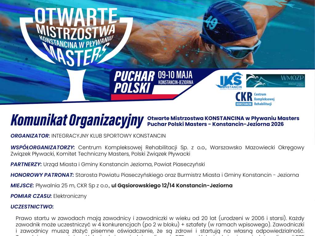 Otwarte Mistrzostwa KONSTANCINA w Pływaniu Masters Puchar Polski Masters - Konstancin-Jeziorna 2026