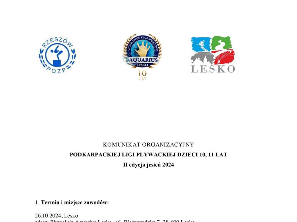 Podkarpacka Liga Pływacka Dzieci 10-11 lat - II edycja jesień 2024