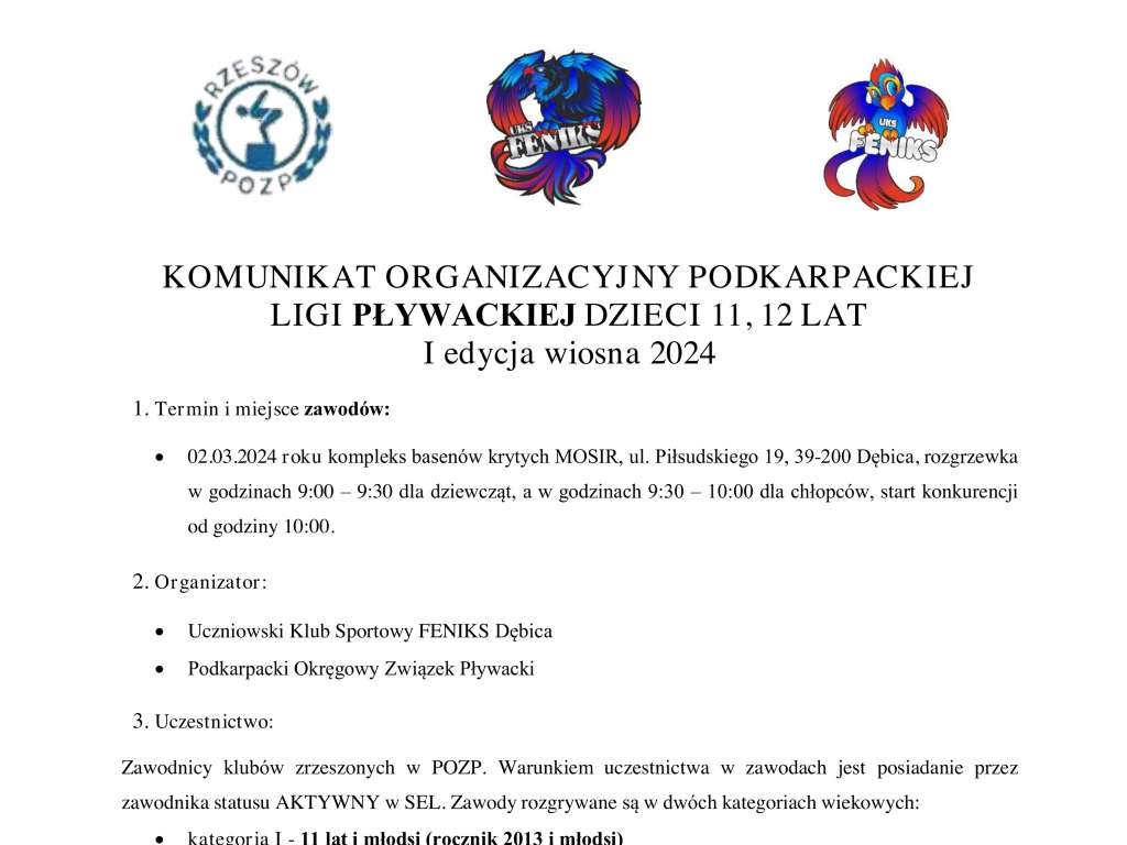 Podkarpacka Liga Pływacka Dzieci 11-12 lat - 1 edycja wiosna 2024