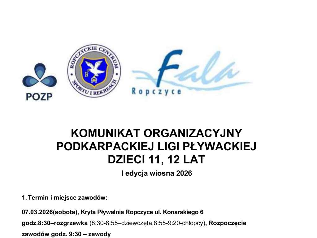Podkarpacka Liga Pływacka Dzieci 11-12 lat - 1 edycja wiosna 2026