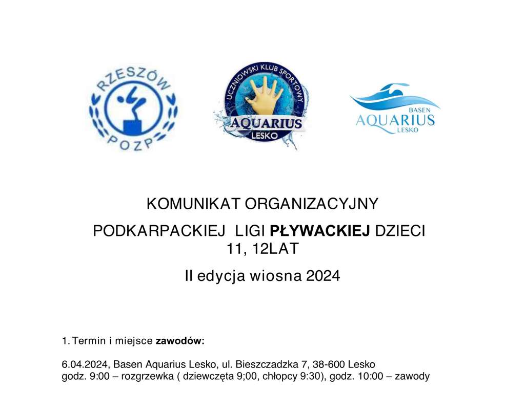 Podkarpacka Liga Pływacka Dzieci 11-12 lat - 2 edycja wiosna 2024