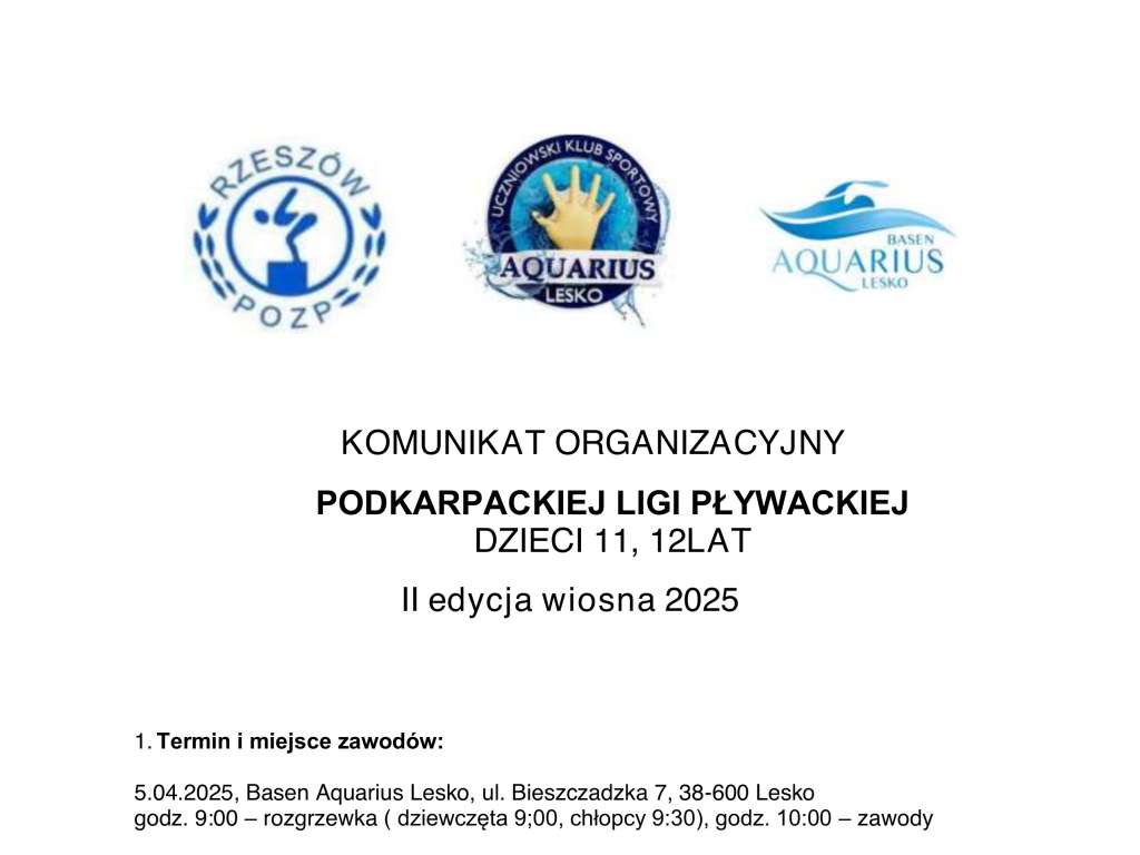 Podkarpacka Liga Pływacka Dzieci 11-12 lat - 2 edycja wiosna 2025