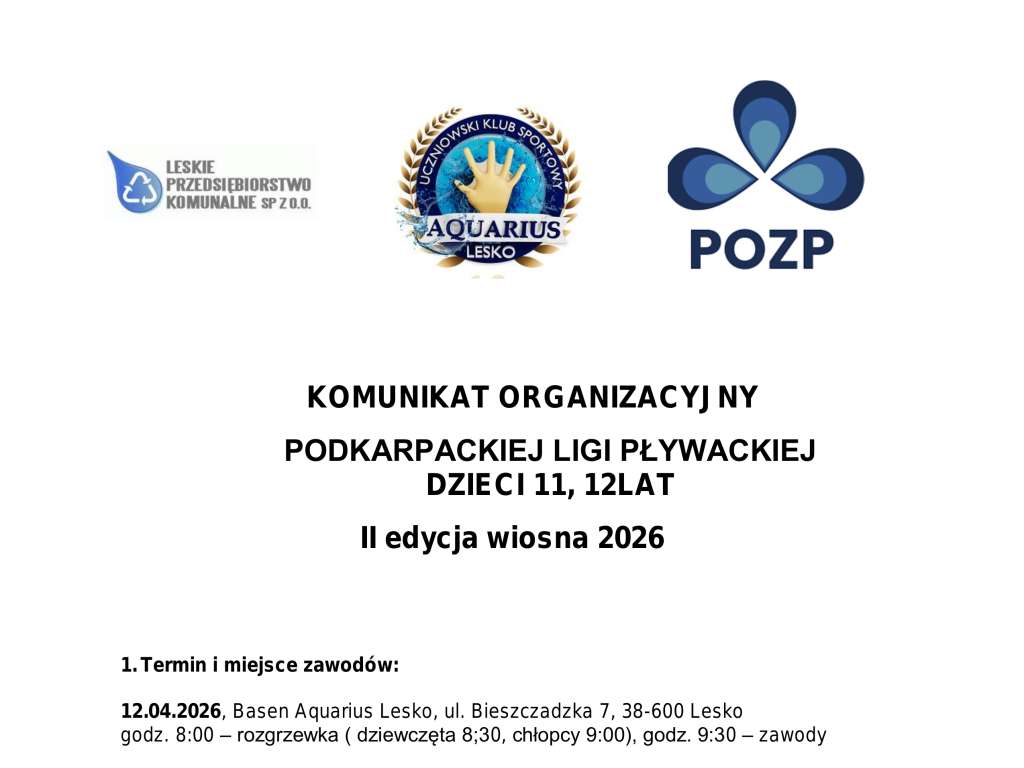 Podkarpacka Liga Pływacka Dzieci 11-12 lat - 2 edycja wiosna 2026