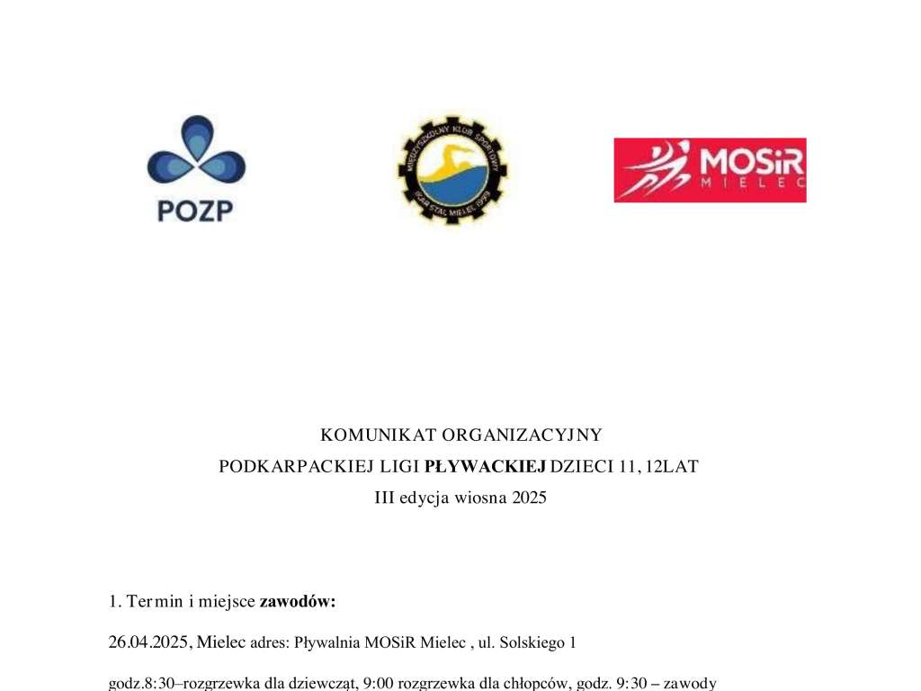 Podkarpacka Liga Pływacka Dzieci 11-12 lat - 3 edycja wiosna 2025