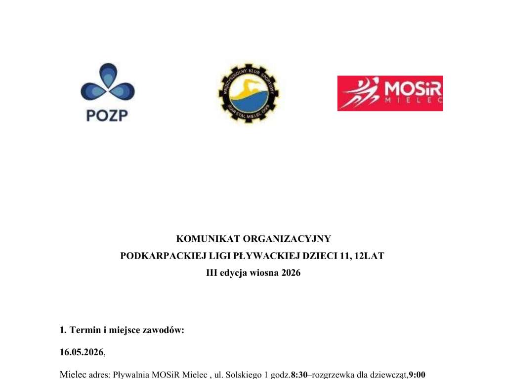 Podkarpacka Liga Pływacka Dzieci 11-12 lat - 3 edycja wiosna 2026