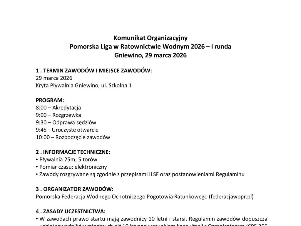 Pomorska Liga w Ratownictwie Wodnym 2026 - I runda