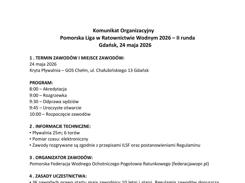 Pomorska Liga w Ratownictwie Wodnym 2026 - II runda