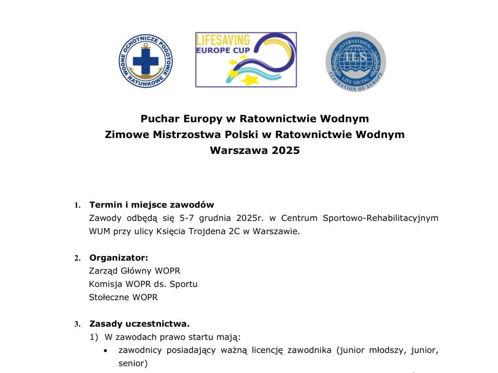Puchar Europy w Ratownictwie Wodnym Zimowe Mistrzostwa Polski w Ratownictwie Wodnym