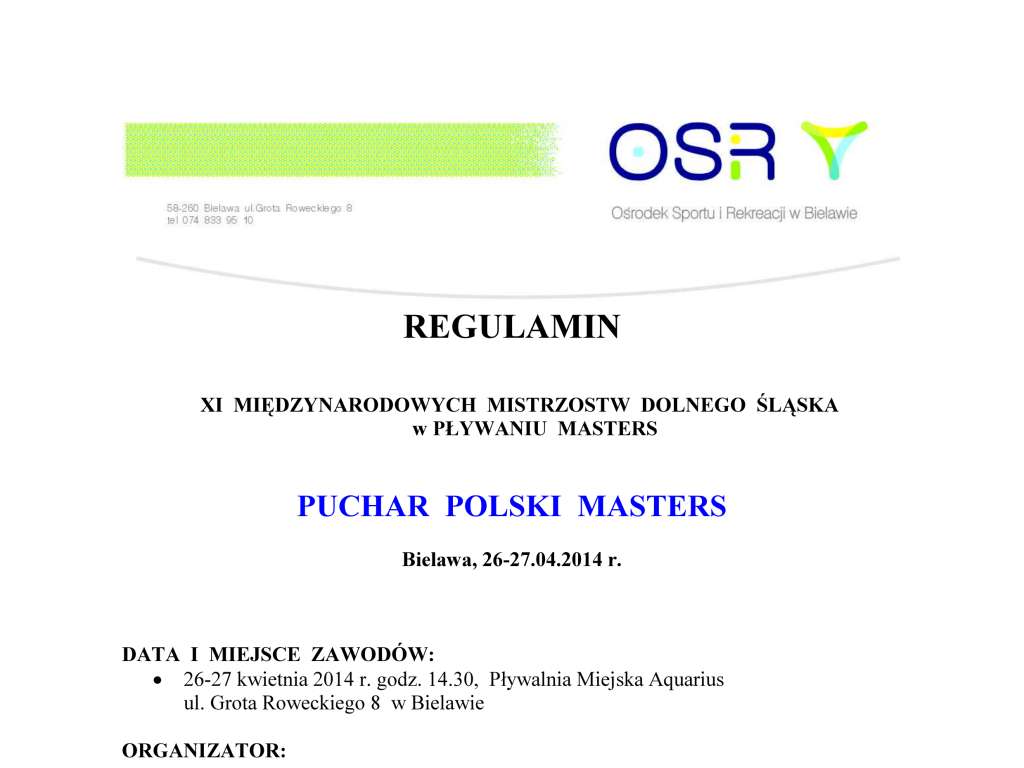 Puchar Polski Masters XI Międzynarodowe Mistrzostwa Dolnego Śląska w Pływaniu Masters