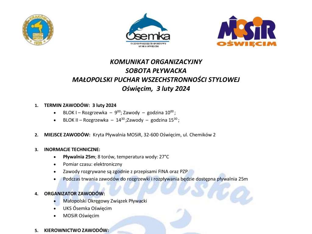 Sobota Pływacka Małopolski Puchar Wszechstronności Stylowej