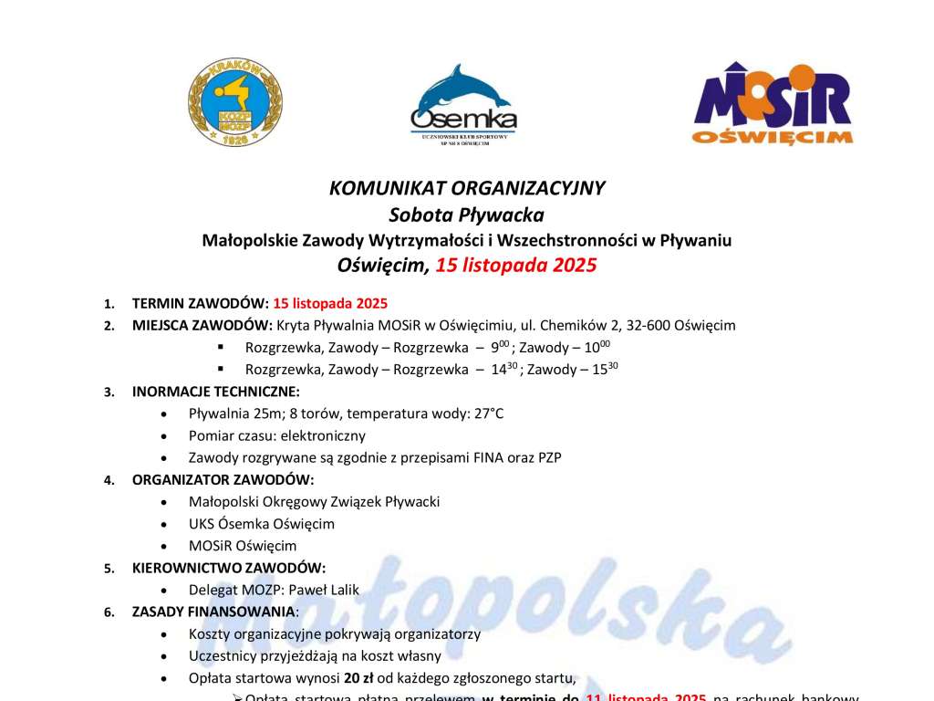 Sobota Pływacka Małopolskie Zawody Wytrzymałości i Wszechstronności w Pływaniu
