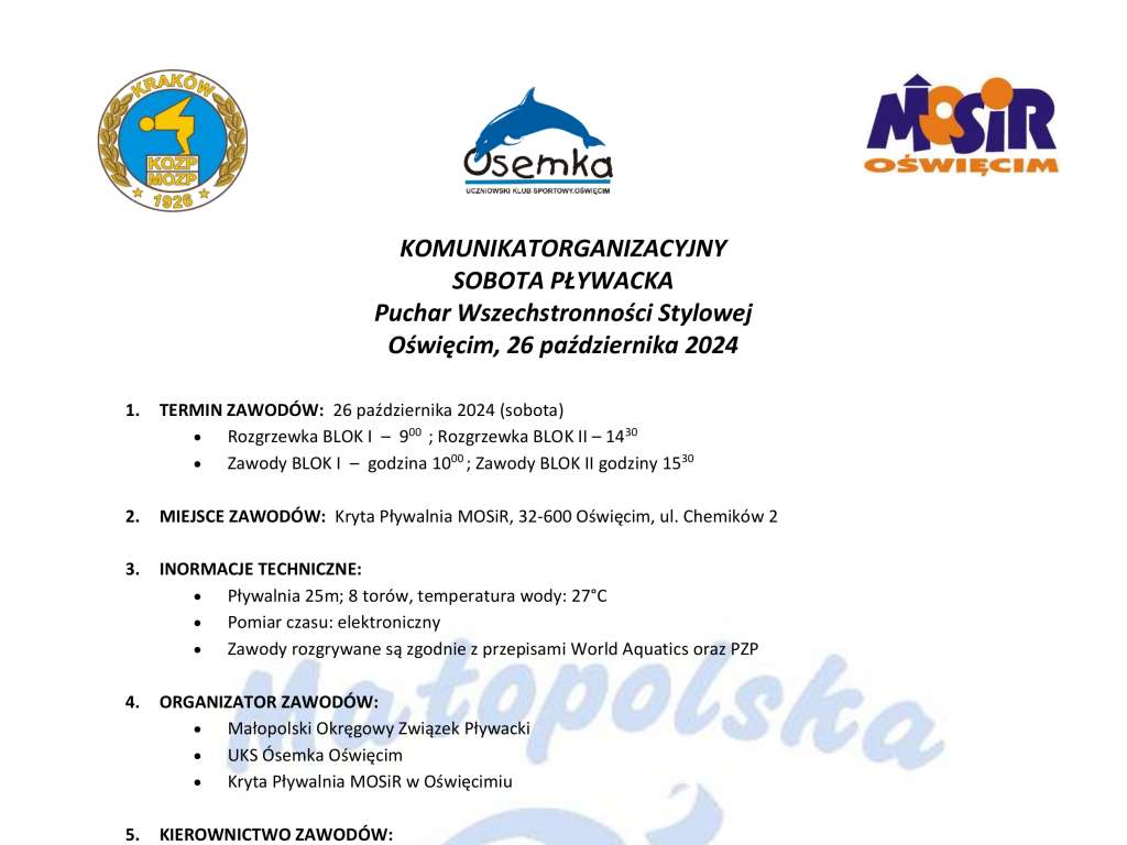 Sobota Pływacka Puchar Wszechstronności Stylowej