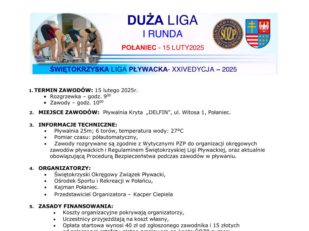 Świętokrzyska Liga Pływacka – 1 runda Dużej Ligi