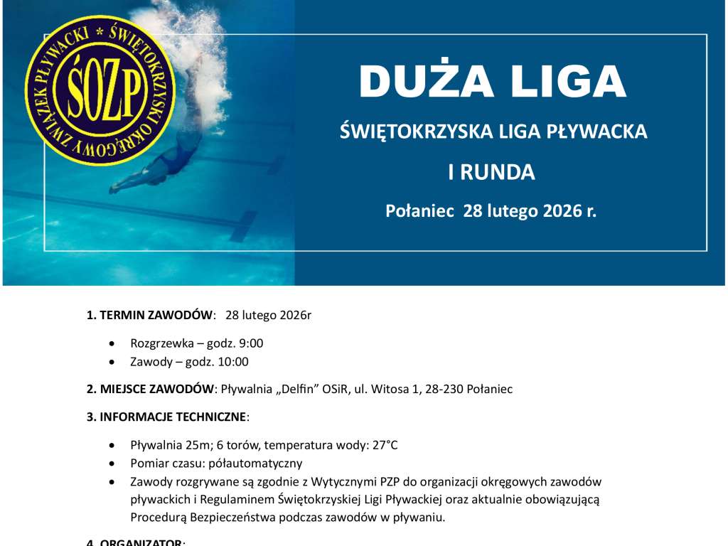 Świętokrzyska Liga Pływacka – I runda Dużej Ligi