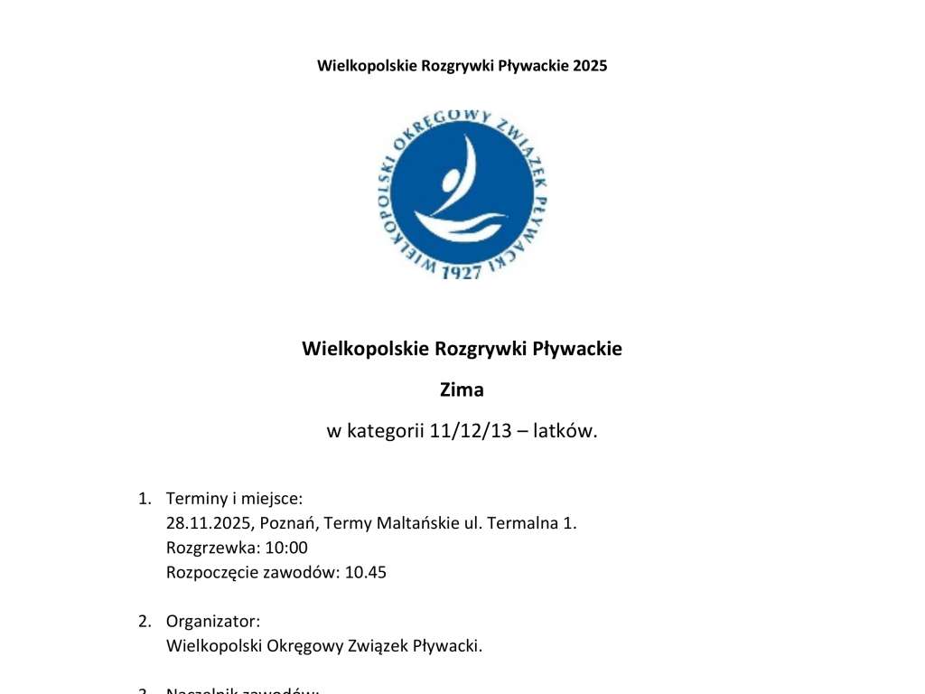 Wielkopolskie Rozgrywki Pływackie w kategorii 11,12,13 – latków - Zima