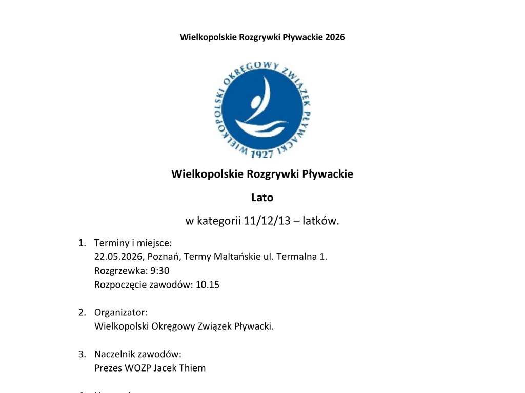 Wielkopolskie Rozgrywki Pływackie w kategorii 11/12/13 – latków