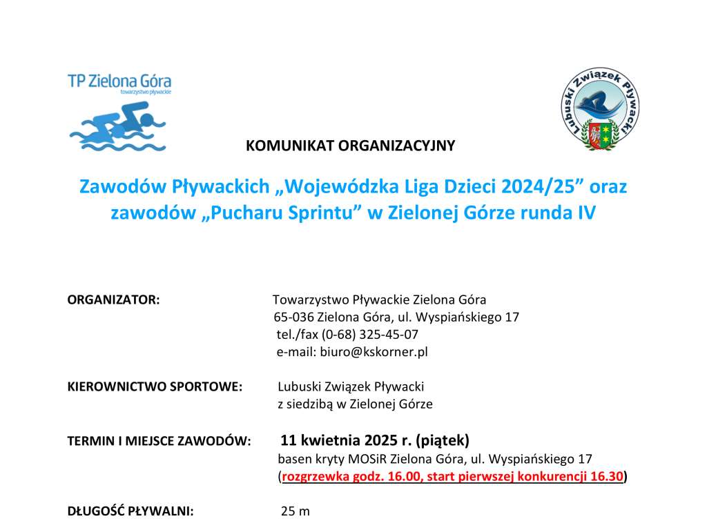 Wojewódzka Liga Dzieci 2024/25 IV Runda, Pucharu Sprintu w Zielonej Górze