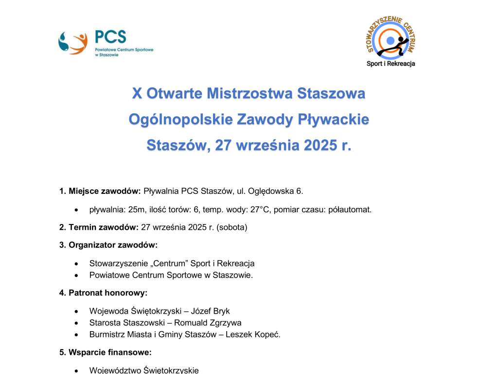 X Otwarte Mistrzostwa Staszowa Ogólnopolskie Zawody Pływackie
