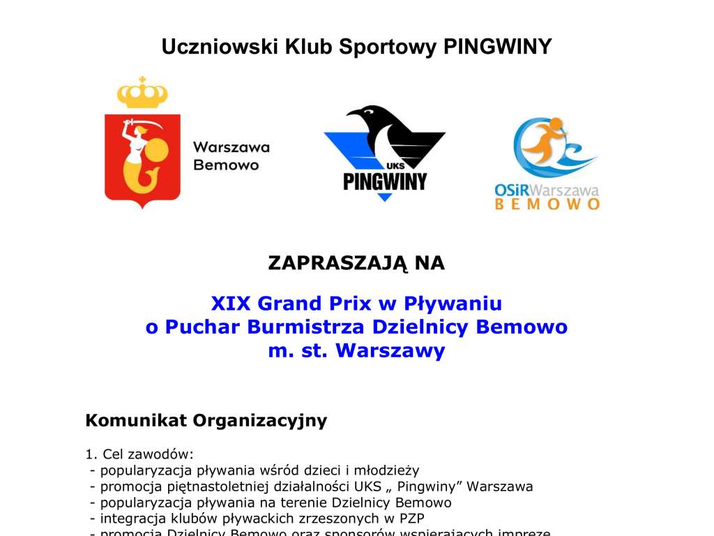 XIX Grand Prix w Pływaniu o Puchar Burmistrza Dzielnicy Bemowo m. st. Warszawy